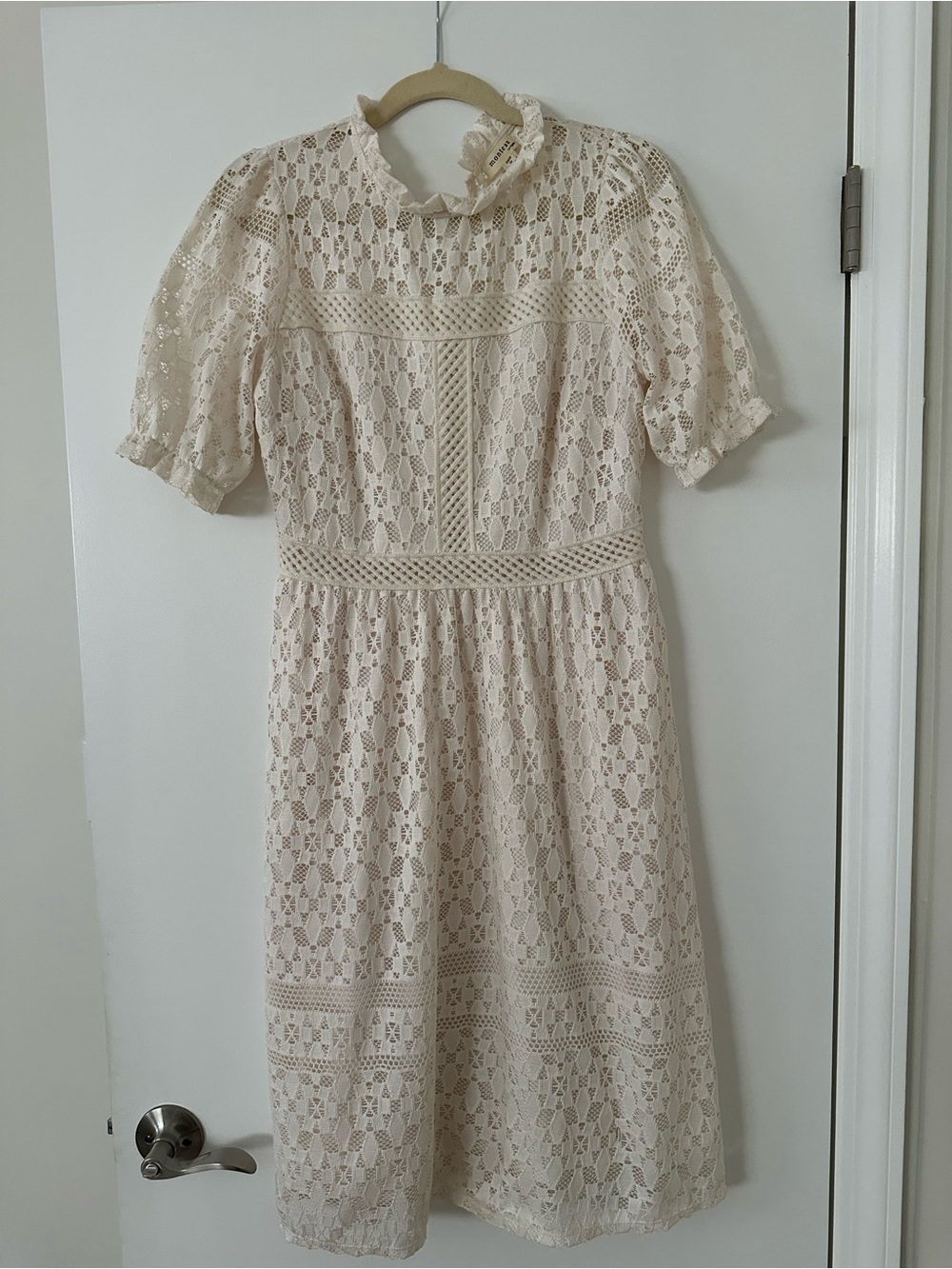 Monteau Cream Lace Midi Dress with Ruffled Neckline